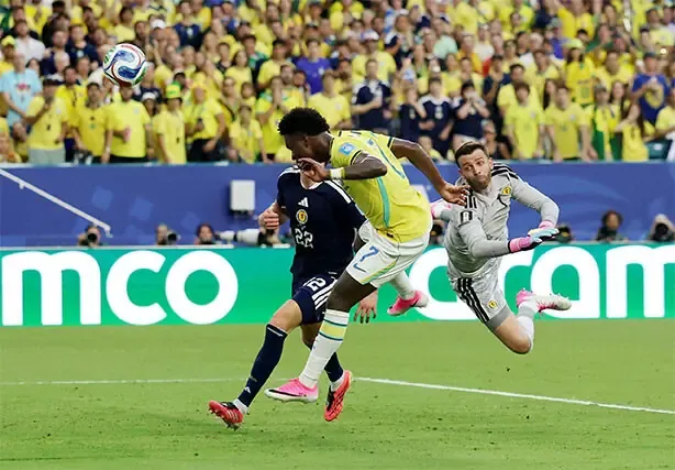 MIAMI: Brazil’s Vinicius Junior (C) heads to score against Scotland during their Group ‘C’ match at the Miami Stadium.
