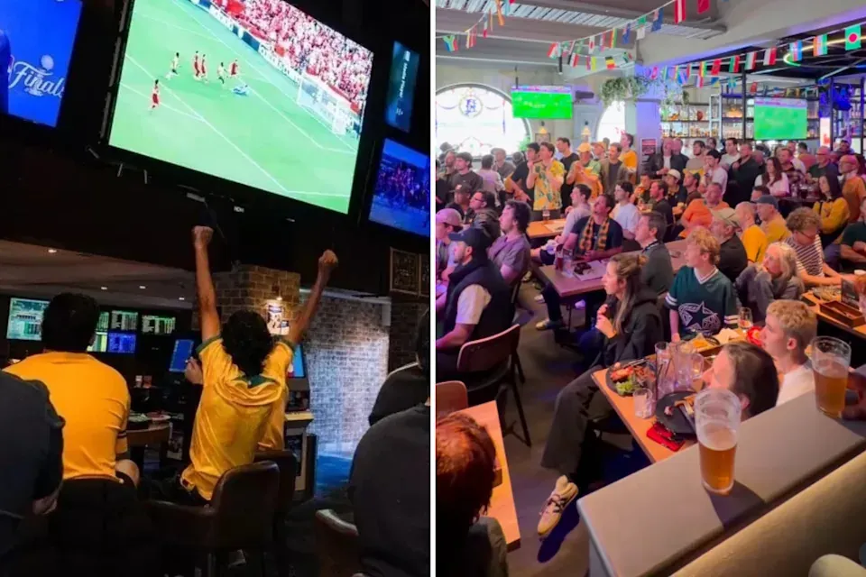 Socceroos fans cheering in front of a TV (left) and a group of fans watching tv (right).