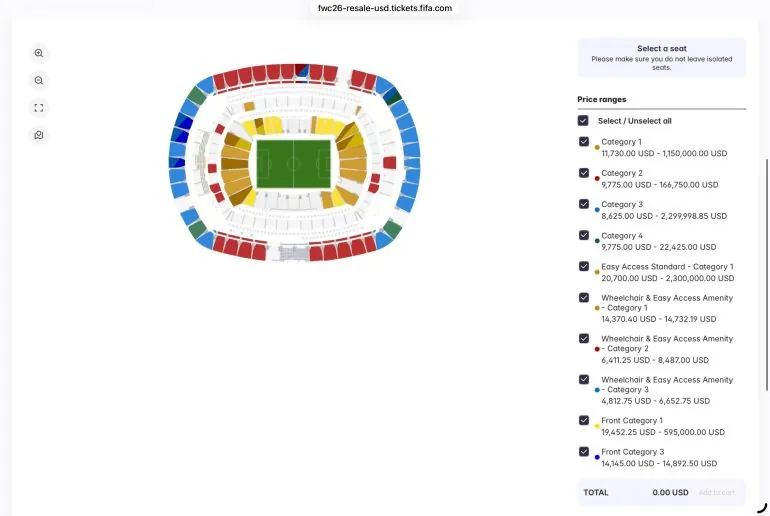 A screenshot of the seat map showing available tickets to the World Cup final on the FIFA Marketplace.