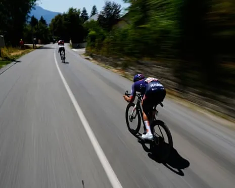 Pavel Bittner speeds down a descent during stage 17 of the Tour de France