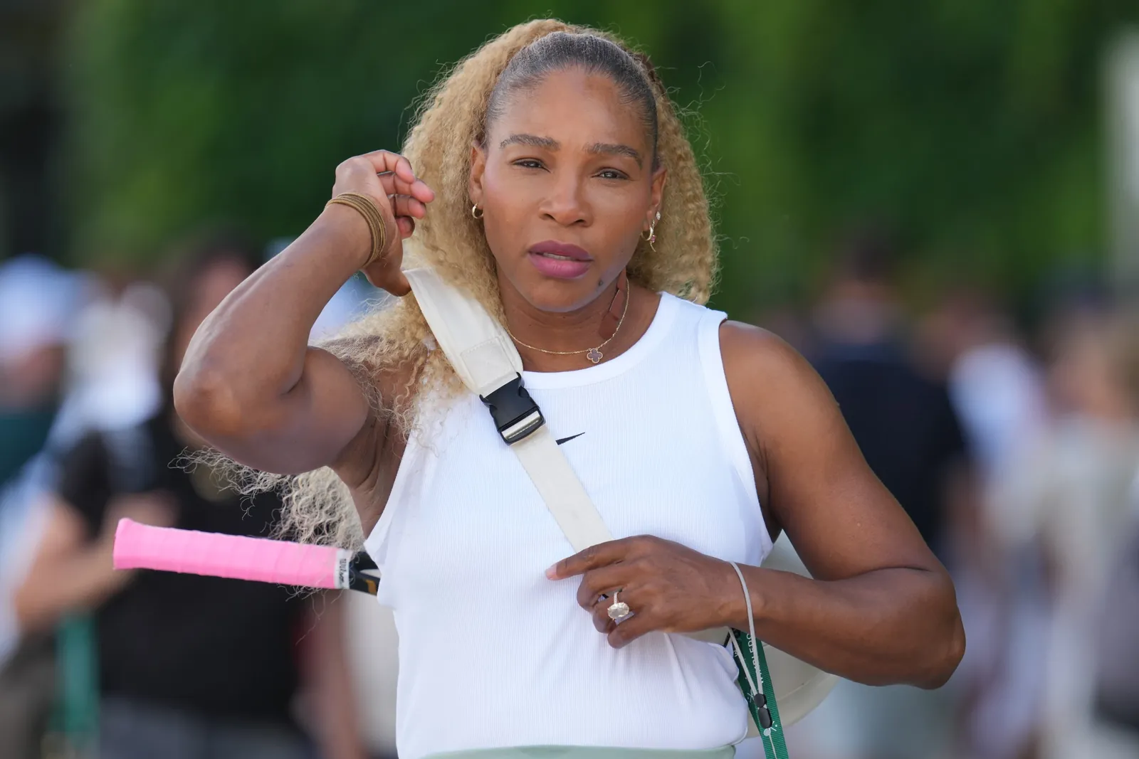 Serena Williams of the United States arrives to practice one day ahead of the start of the Wimbledon Tennis Championships in London, Sunday, June 28, 2026. (AP Photo/Kin Cheung)
