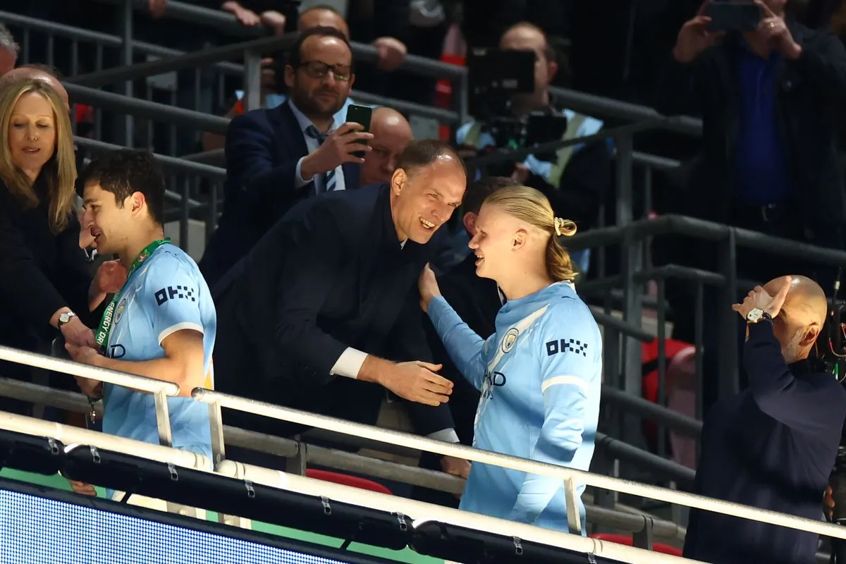 LONDON, ENGLAND - MARCH 22: England Manager Thomas Tuchel congratulates Erling Haaland of Manchester City at the end of the Carabao Cup Final match Arsenal and between Manchester City at Wembley Stadium on March 22, 2026 in London, England. (Photo by Chris Brunskill/Fantasista/Getty Images)