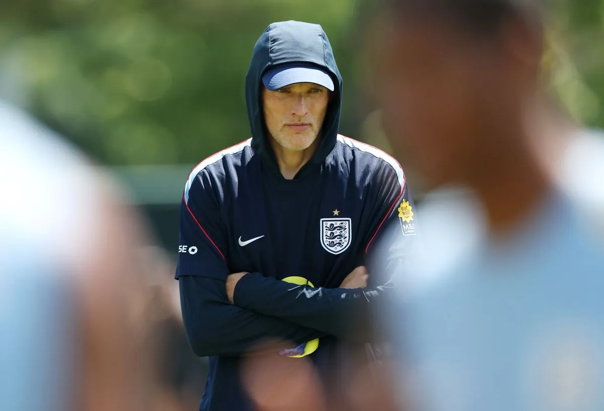 KANSAS CITY, KANSAS - JULY 08: Thomas Tuchel, Manager of England, looks on during an England Training Session during an England FIFA World Cup 2026 Camp on July 08, 2026 in Kansas City, Kansas. (Photo by Eddie Keogh - The FA/The FA via Getty Images)