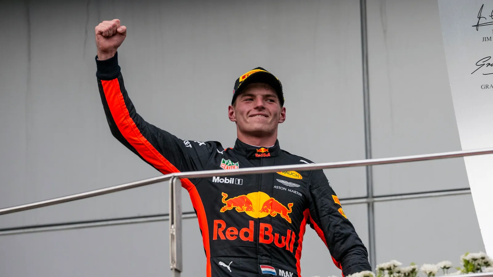 Race winner Max Verstappen (NED) Red Bull Racing celebrates on the podium at Formula One World