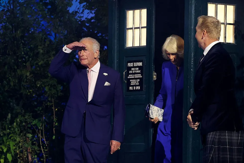 glasgow, scotland july 23: king charles iii and queen camilla walk out of the tardis during the opening ceremony ahead of the glasgow 2026 commonwealth games at the hydro on july 23, 2026 in glasgow, scotland. (photo by francois nel/getty images)