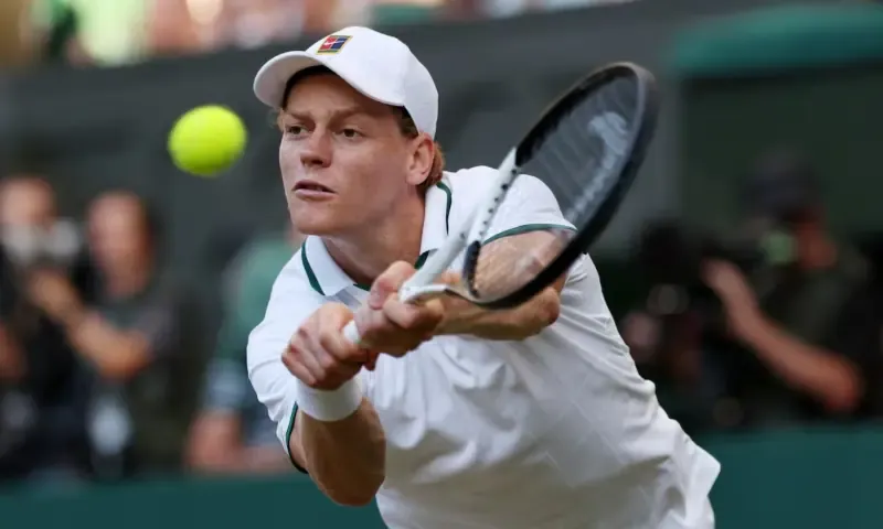 Italy's Jannik Sinner in action during his final Wimbledon match against Germany's Alexander Zverev at All England Lawn Tennis and Croquet Club, London, Britain on July 12, 2026.