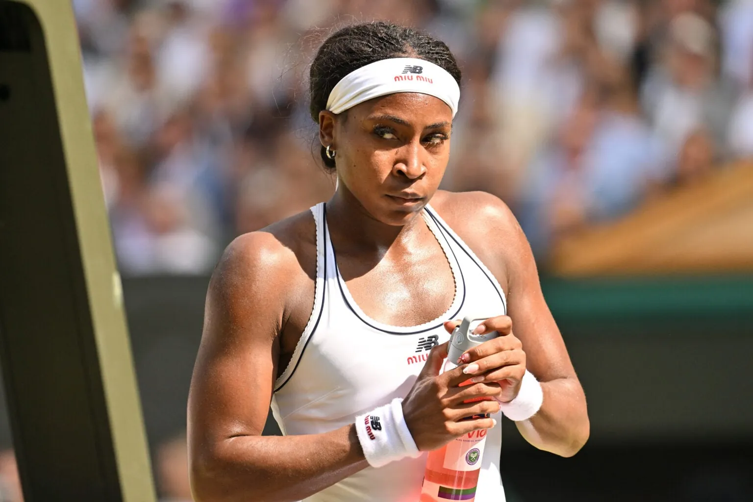 Coco Gauff of the United States plays in the Ladies singles semi-finals round match against Karolina Muchova (not seen) of the Czech Republic during day 11 of The Wimbledon Tennis Championships at All England Lawn Tennis and Croquet Club on July 09, 2026 in London, United Kingdom.