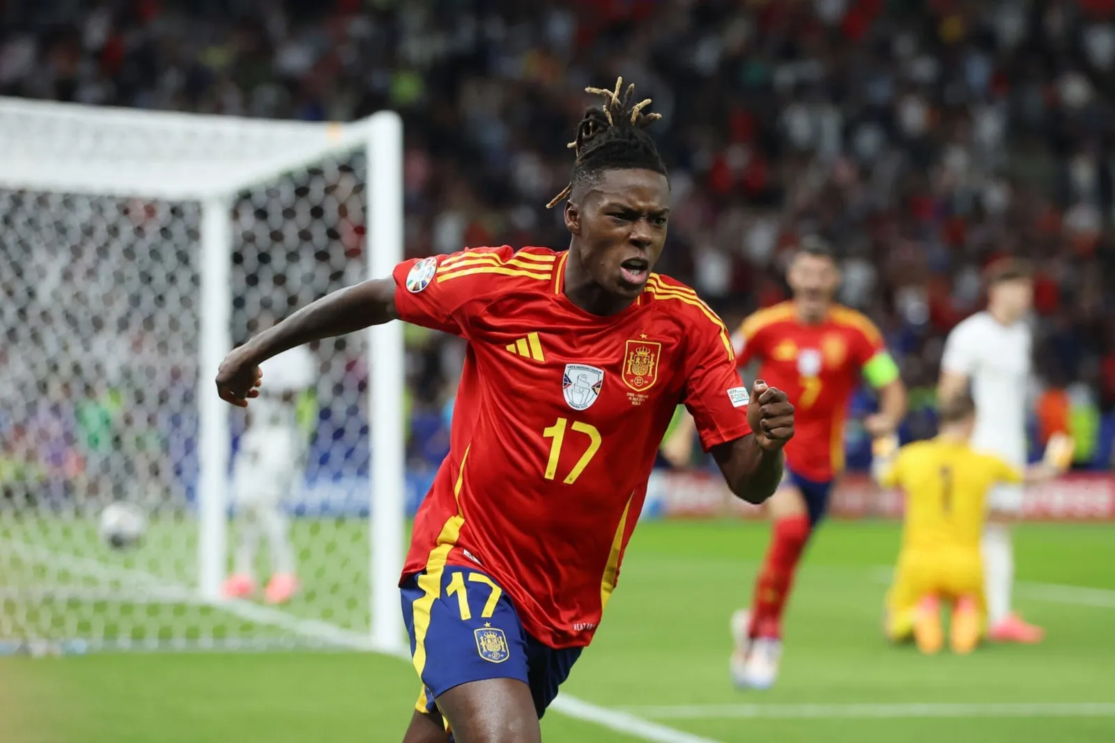 ERLIN, GERMANY - JULY 14: Nico Williams of Spain celebrates scoring his team's first goal during the UEFA EURO 2024 final match between Spain and England at Olympiastadion on July 14, 2024 in Berlin, Germany. (Photo by Richard Pelham/Getty Images)